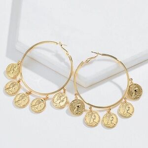 Gold Coin, Hoop Earrings, Gold Plated , Dainty Earrings